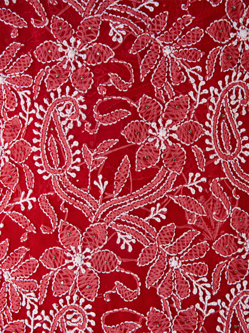 Seva Chikan Hand Embroidered Red Georgette  Lucknowi Chikankari Unstitched Suit Piece-SCL1629