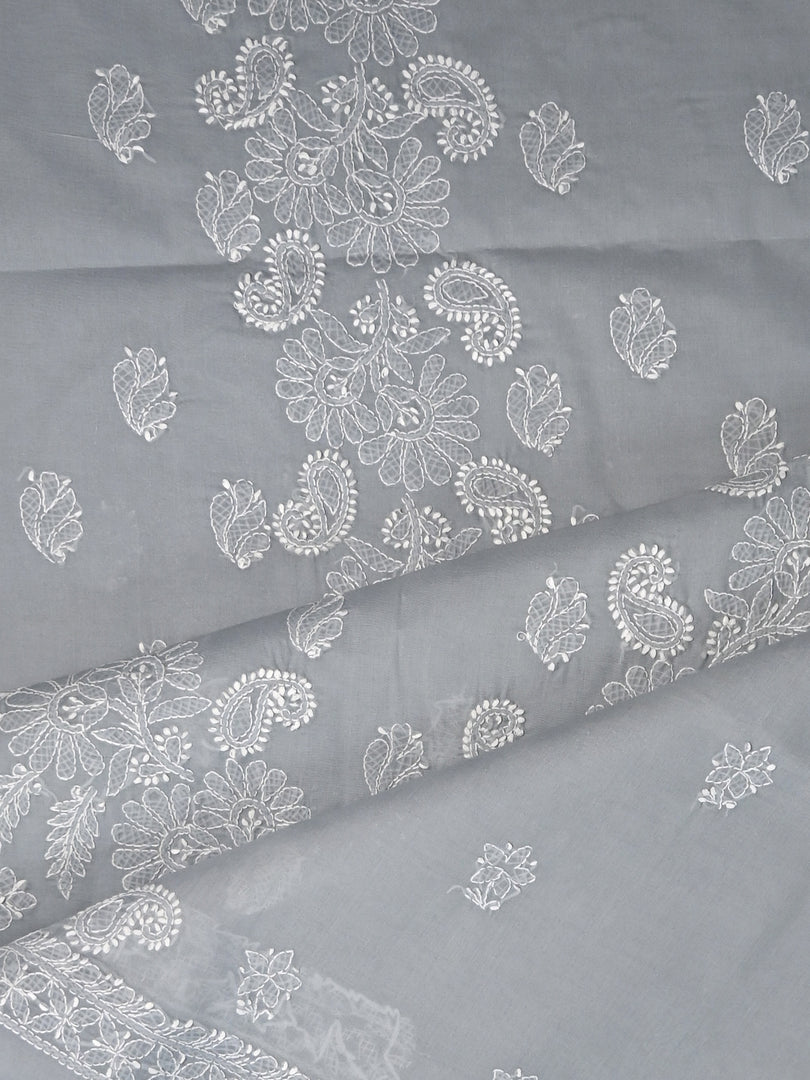 Seva Chikan Hand Embroidered Grey Terivoil Cotton Lucknowi Chikankari Unstitched Suit Piece-SCL13007