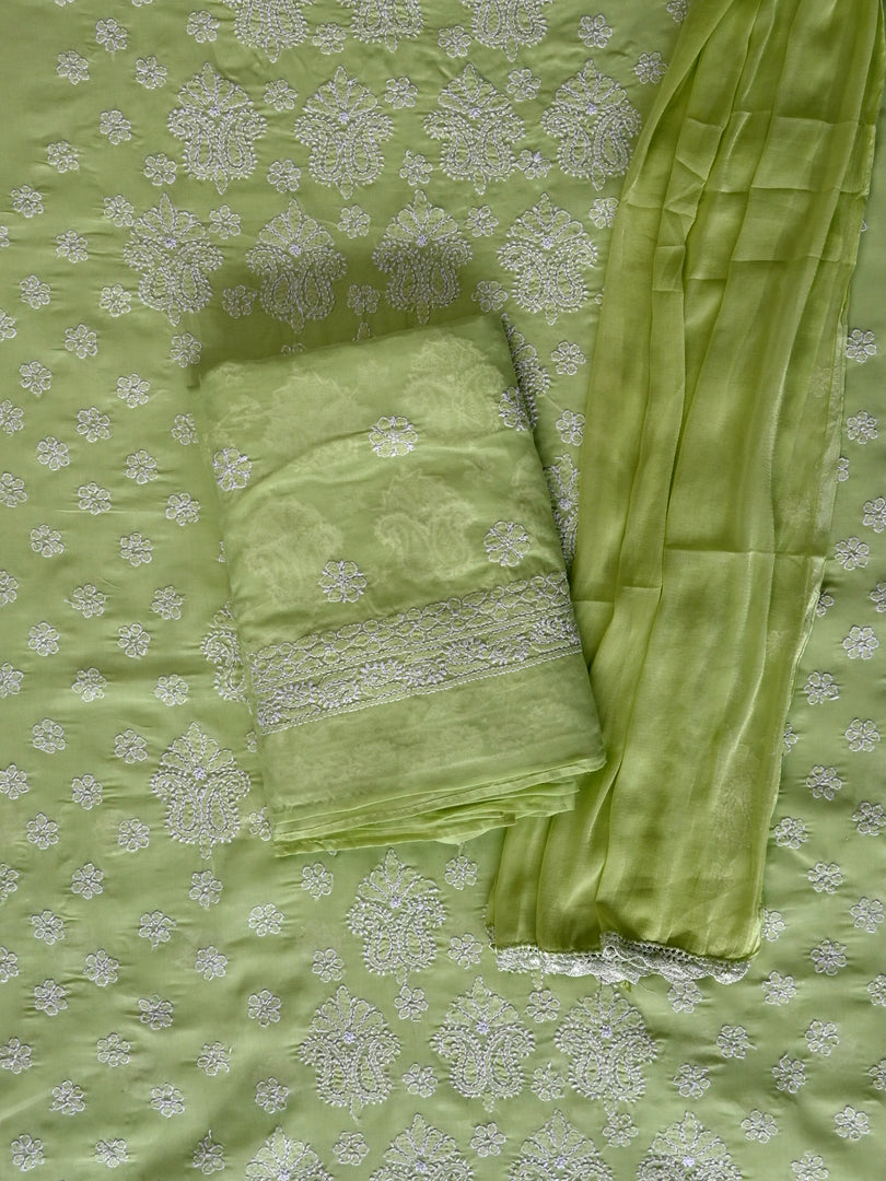 Seva Chikan Hand Embroidered Pista Green Cotton Lucknowi Chikankari Unstitched Suit Piece-SCL13097