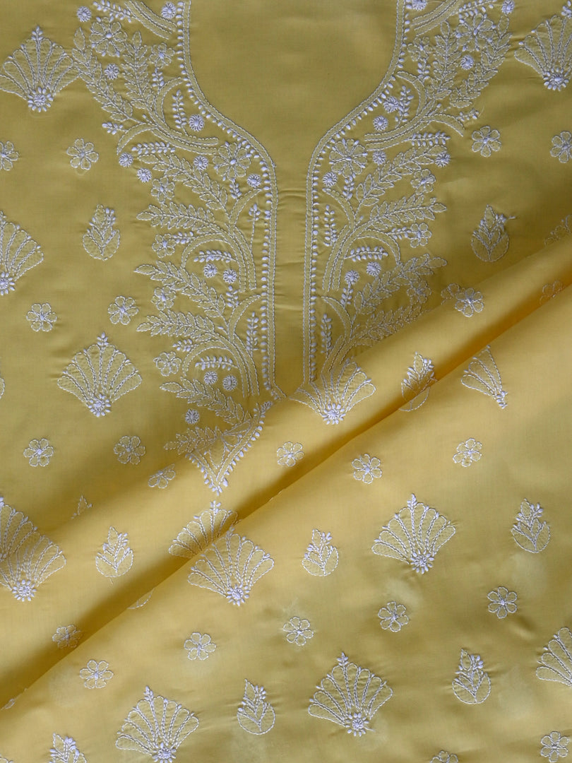 Seva Chikan Hand Embroidered Yellow Cotton Lucknowi Chikankari Unstitched Suit Piece-SCL13053