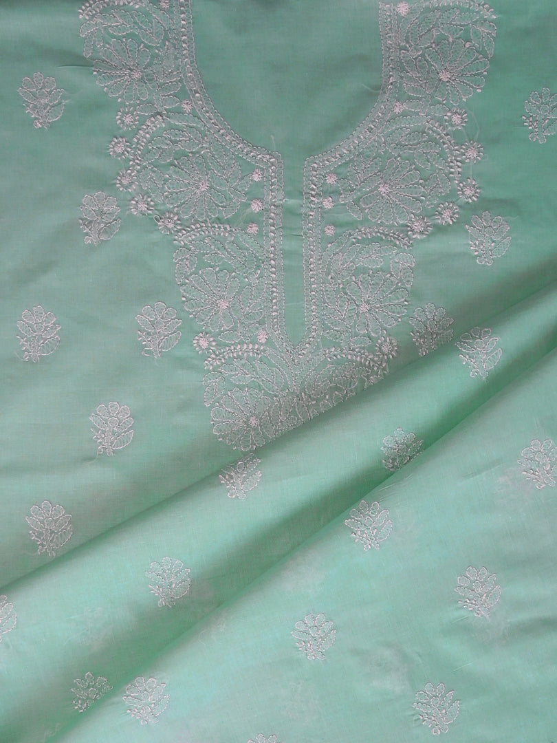 Seva Chikan Hand Embroidered Sage Green Cotton Lucknowi Chikankari Unstitched Suit Piece-SCL13080