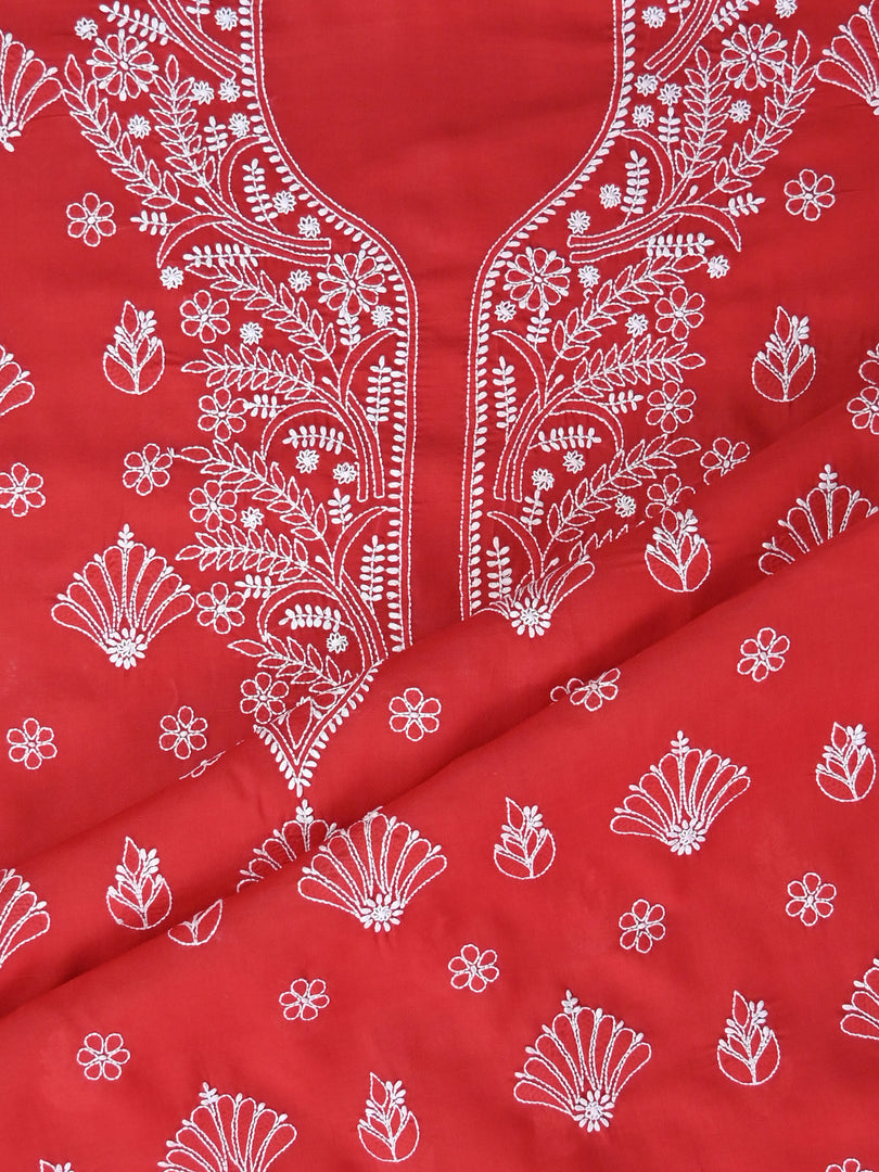 Seva Chikan Hand Embroidered Red Cotton Lucknowi Chikankari Unstitched Suit Piece-SCL13052