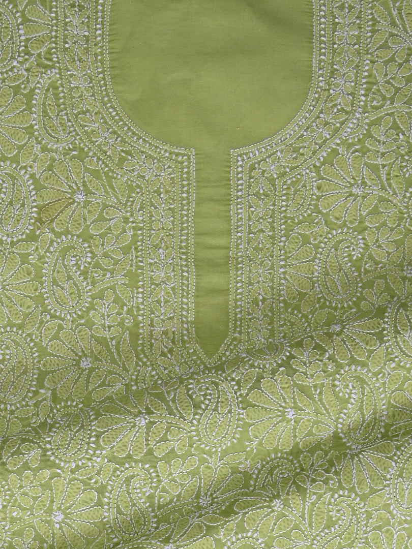 Seva Chikan Hand Embroidered Green Terivoil Cotton Lucknowi Chikankari Unstitched Suit Piece-SCL13019