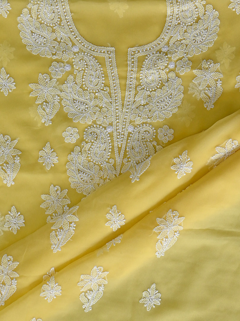 Seva Chikan Hand Embroidered Yellow Georgette Lucknowi Chikankari Unstitched Suit Piece-SCL13126