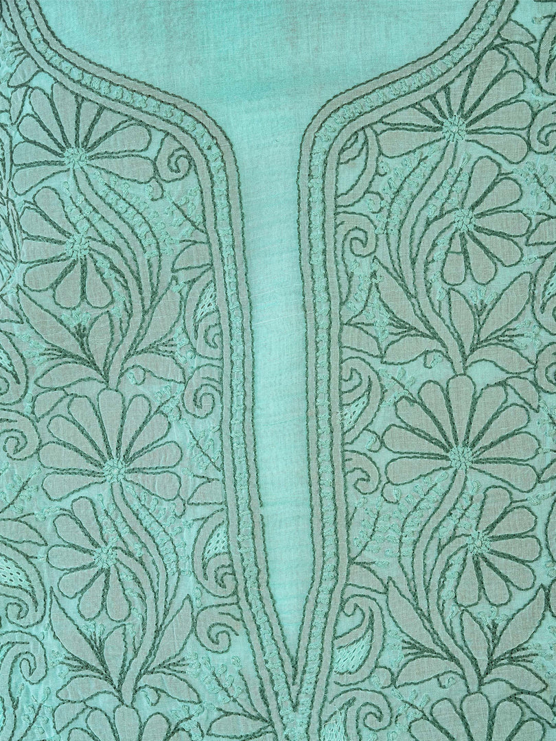 Seva Chikan Hand Embroidered Sea Green Cotton Lucknowi Chikankari Unstitched Suit Piece-SCL1688
