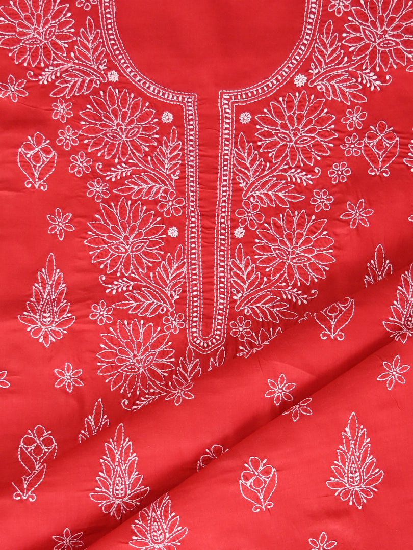 Seva Chikan Hand Embroidered Red Cotton Lucknowi Chikankari Unstitched Suit Piece-SCL13049