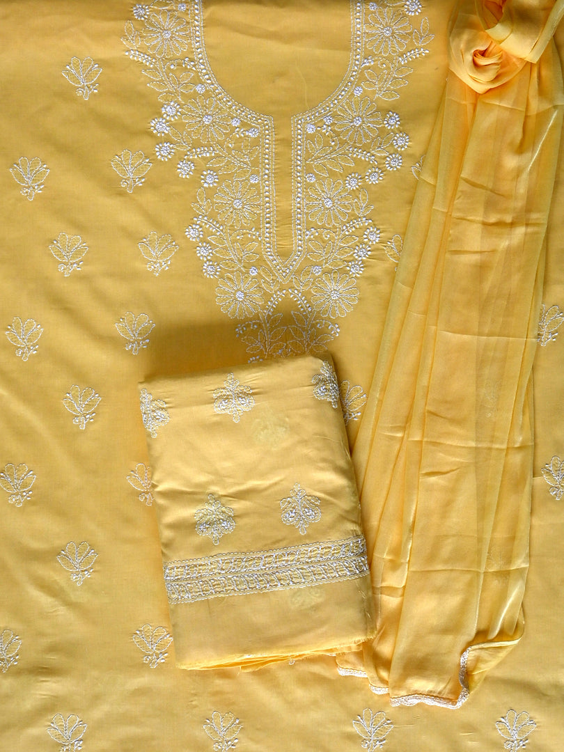 Seva Chikan Hand Embroidered Yellow Cotton Lucknowi Chikankari Unstitched Suit Piece-SCL13071