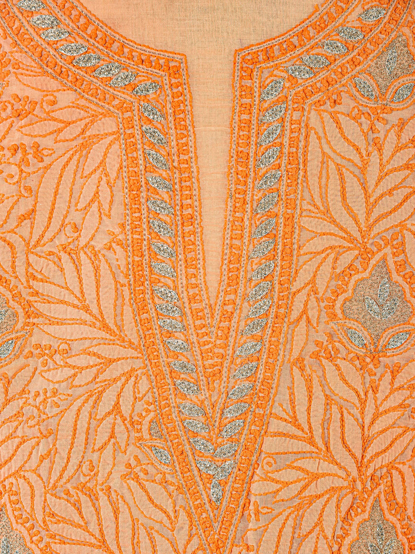 Seva Chikan Hand Embroidered Orange Cotton Lucknowi Chikankari Unstitched Suit Piece-SCL1685