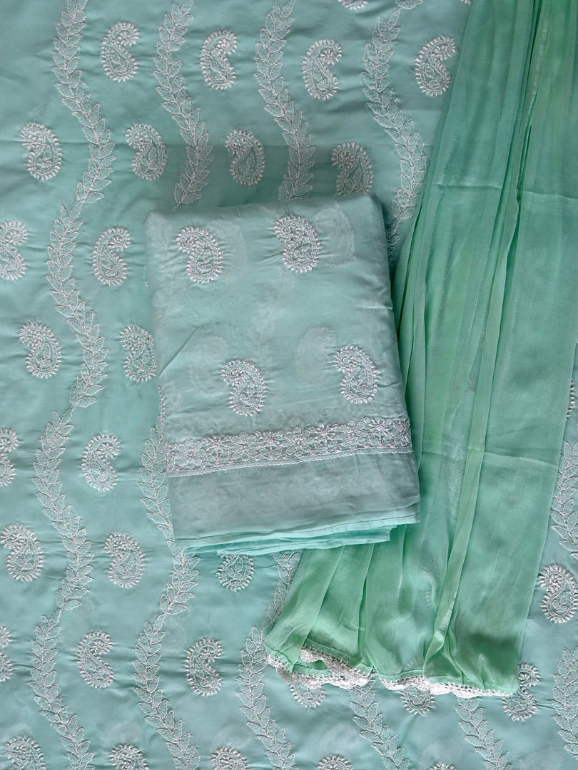 Seva Chikan Hand Embroidered Sea Green Cotton Lucknowi Chikankari Unstitched Suit Piece-SCL13095