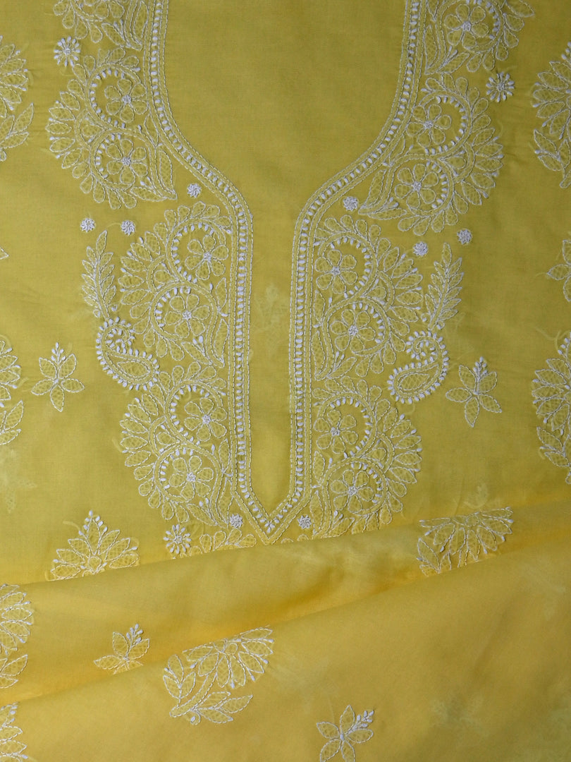 Seva Chikan Hand Embroidered Yellow Terivoil Cotton Lucknowi Chikankari Unstitched Suit Piece-SCL13032