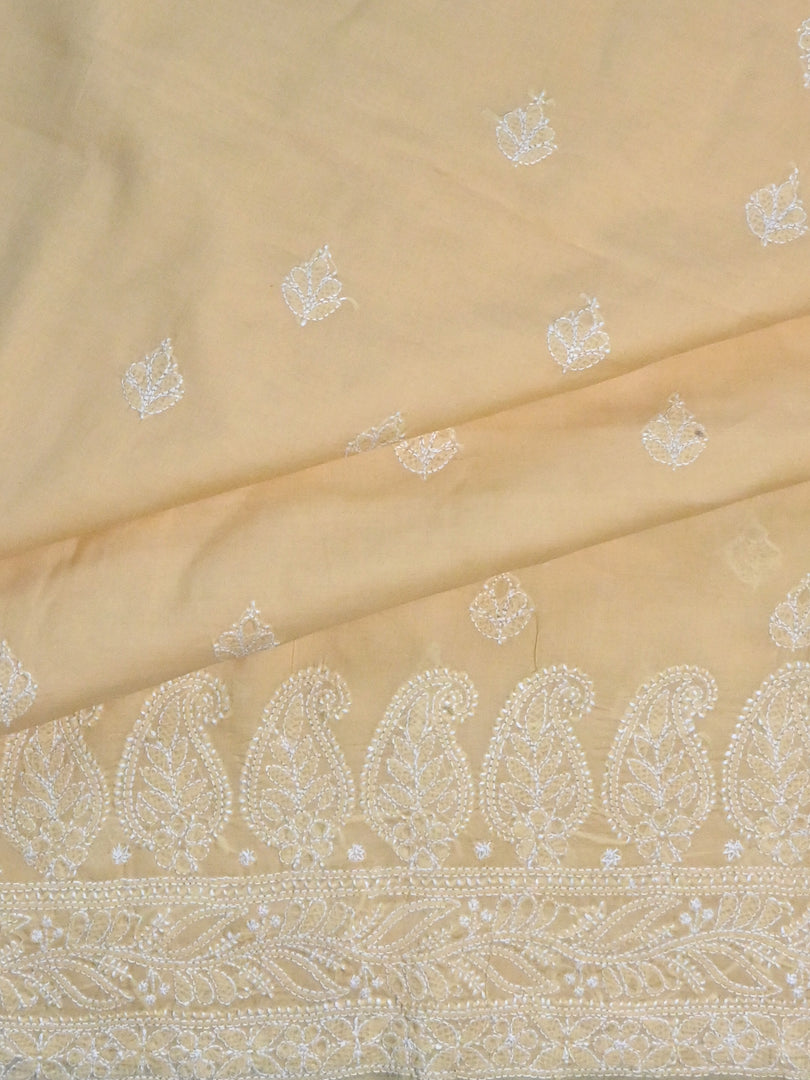 Seva Chikan Hand Embroidered Beige Terivoil Cotton Lucknowi Chikankari Unstitched Suit Piece-SCL13027