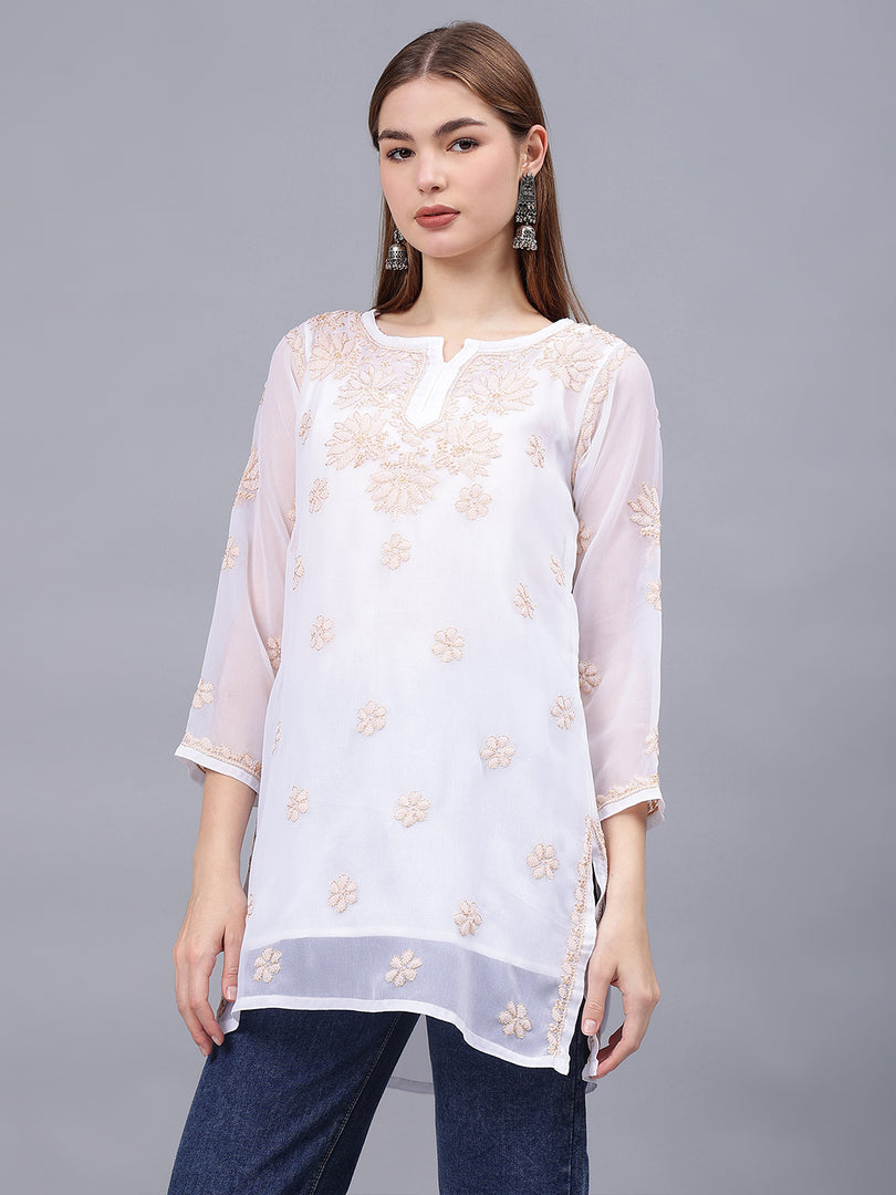 Seva Chikan Hand Embroidered Georgette Lucknowi Chikankari Top With Slip