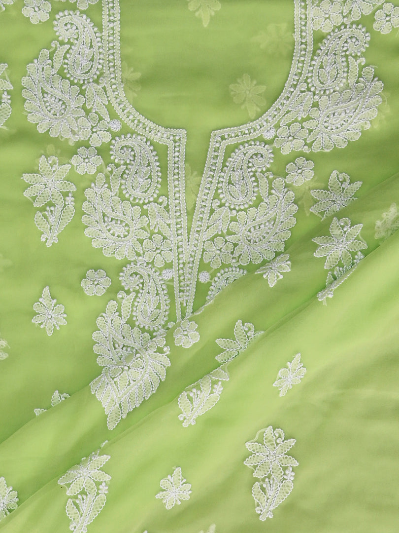 Seva Chikan Hand Embroidered Pista Green Georgette Lucknowi Chikankari Unstitched Suit Piece-SCL13127