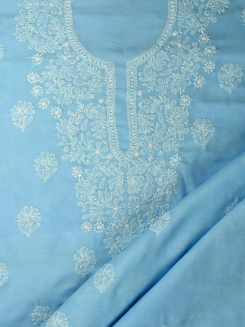 Seva Chikan Hand Embroidered Blue Cotton Lucknowi Chikankari Unstitched Suit Piece-SCL13067