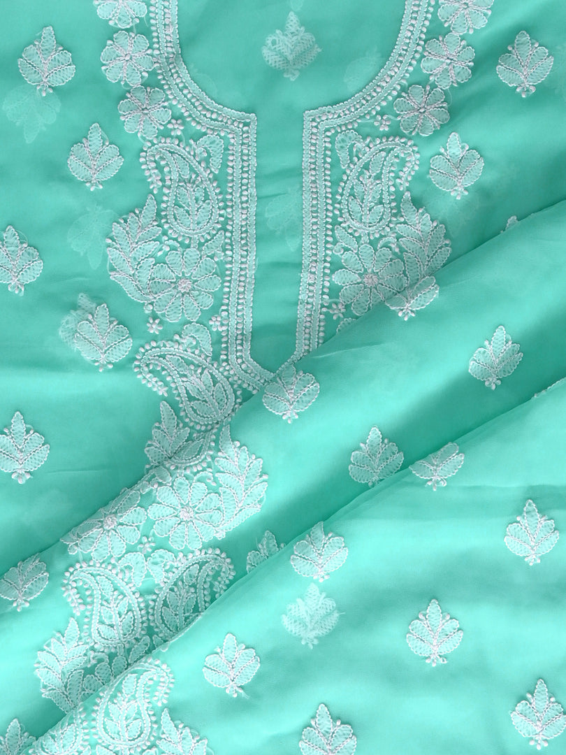 Seva Chikan Hand Embroidered Sea Green Georgette Lucknowi Chikankari Unstitched Suit Piece-SCL13122