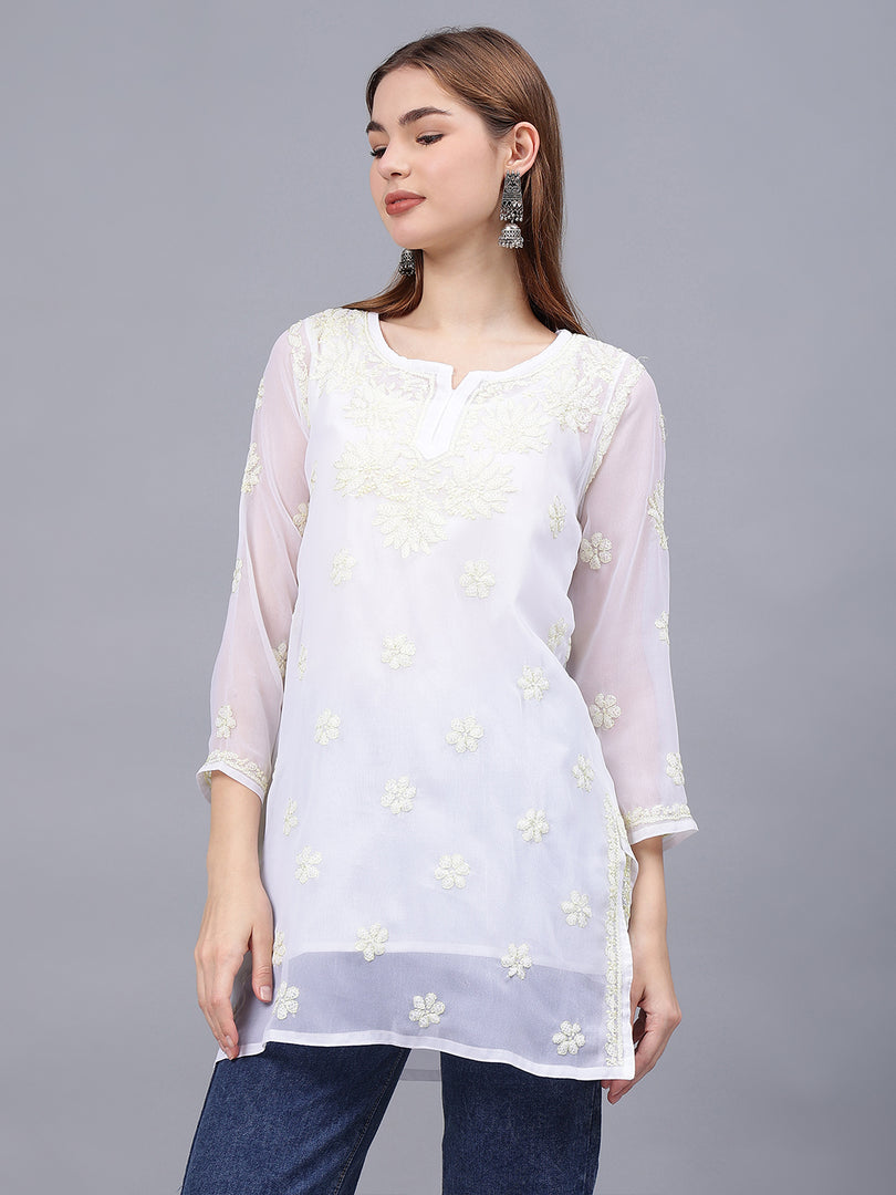 Seva Chikan Hand Embroidered Georgette Lucknowi Chikankari Top With Slip