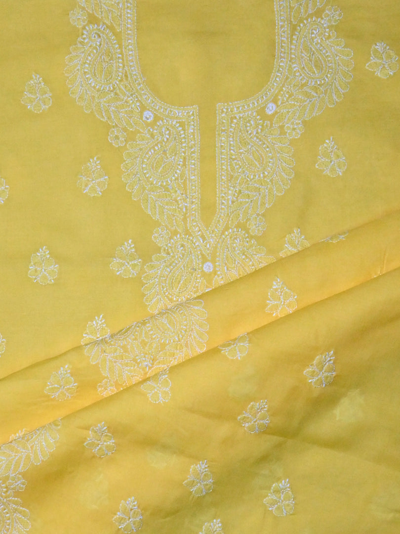 Seva Chikan Hand Embroidered Yellow Terivoil Cotton Lucknowi Chikankari Unstitched Suit Piece-SCL13026