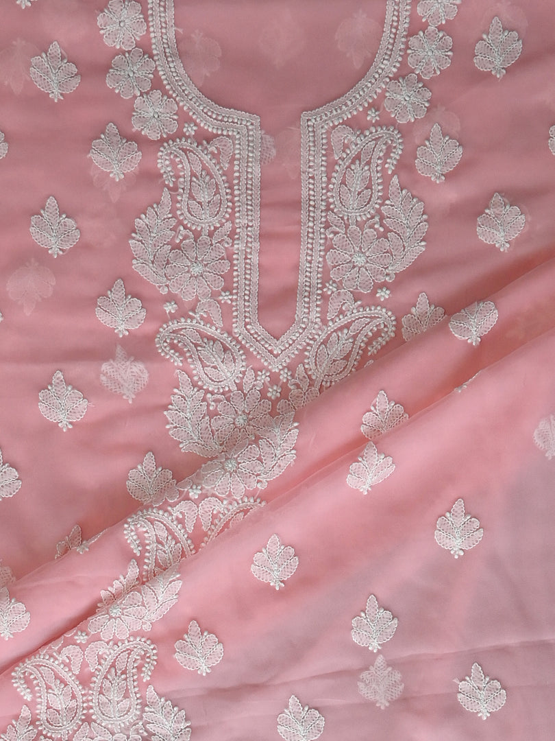 Seva Chikan Hand Embroidered Peach Georgette Lucknowi Chikankari Unstitched Suit Piece-SCL13120