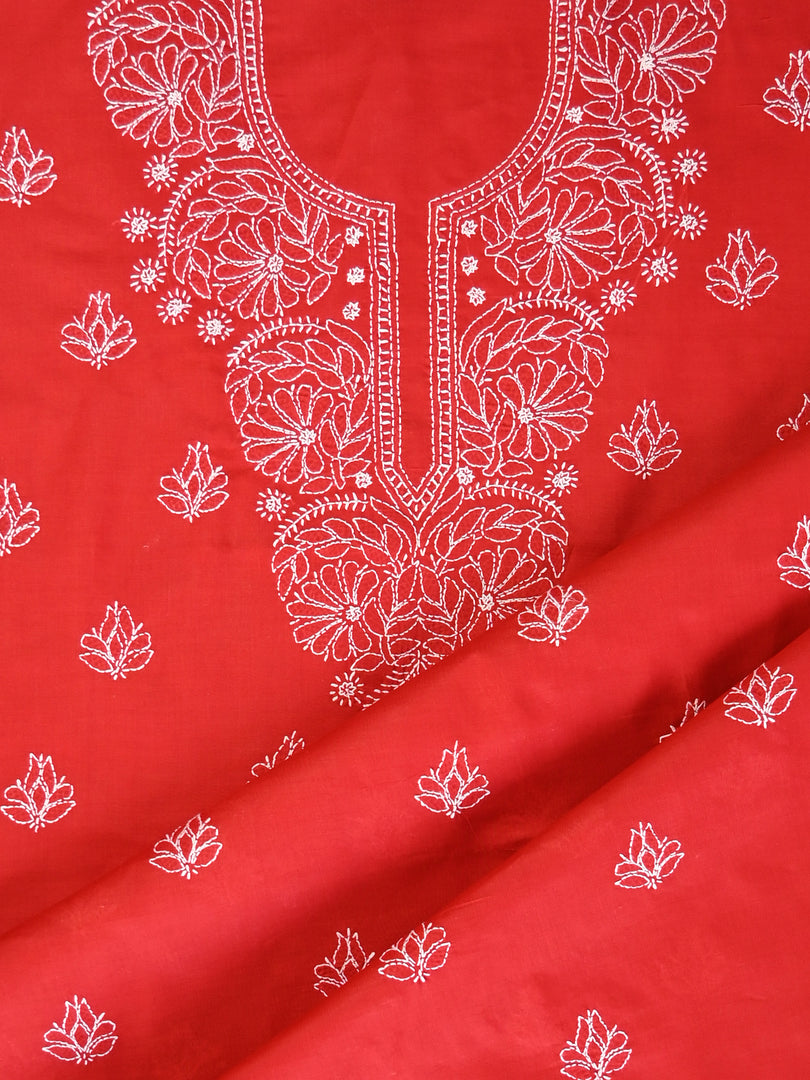 Seva Chikan Hand Embroidered Red Cotton Lucknowi Chikankari Unstitched Suit Piece-SCL13079