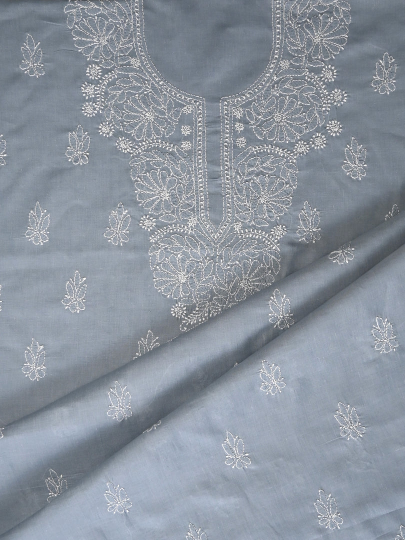 Seva Chikan Hand Embroidered Grey Cotton Lucknowi Chikankari Unstitched Suit Piece-SCL13082