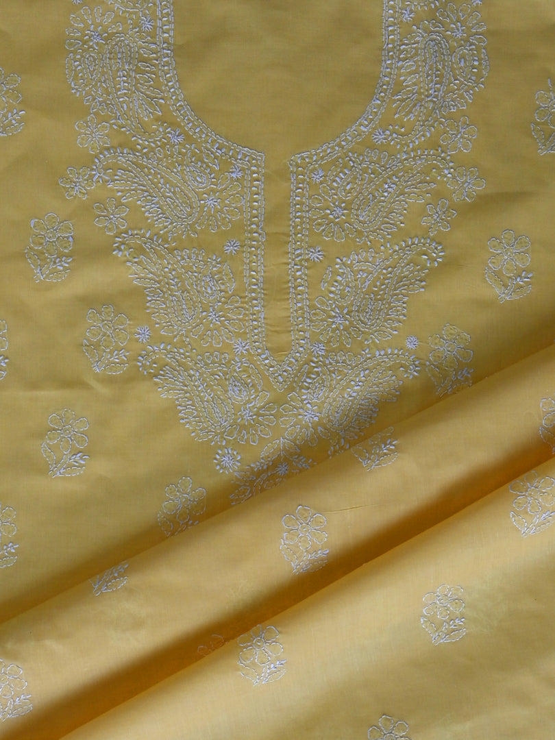 Seva Chikan Hand Embroidered Yellow Cotton Lucknowi Chikankari Unstitched Suit Piece-SCL13058