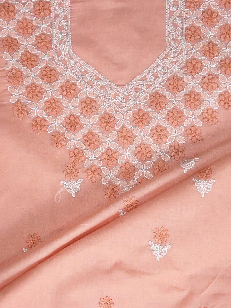 Seva Chikan Hand Embroidered Peach Terivoil Cotton Lucknowi Chikankari Unstitched Suit Piece-SCL13038