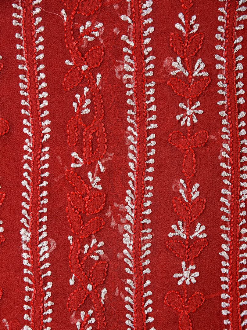 Seva Chikan Hand Embroidered Red Georgette Lucknowi Chikankari Unstitched Suit Piece-SCL1590