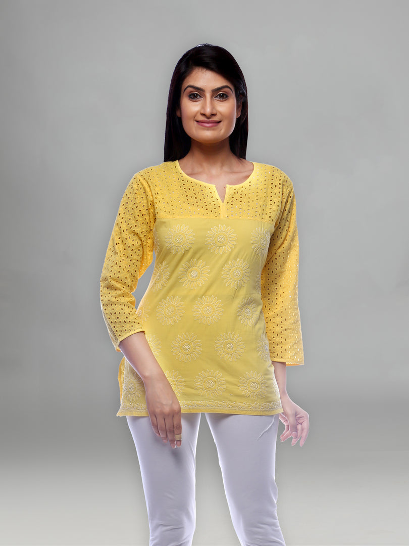 Seva Chikan Hand Embroidered Yellow Cotton Lucknowi Chikankari Short Top-SCL0501