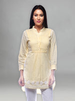 Load image into Gallery viewer, Seva Chikan Hand Embroidered Yellow Cotton Lucknowi Chikankari Short Top-SCL0502
