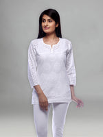 Load image into Gallery viewer, Seva Chikan Hand Embroidered White Cotton Lucknowi Chikankari Short Top-SCL0504