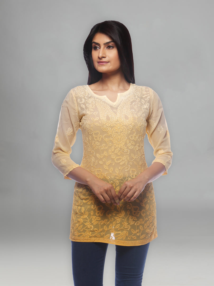 Seva Chikan Hand Embroidered Mustard Viscose Georgette Lucknowi Chikankari Short Top-SCL0506