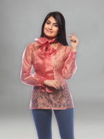 Load image into Gallery viewer, Seva Chikan Hand Embroidered Red Organza Lucknowi Chikankari Short Top with Slip-SCL0508
