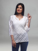 Load image into Gallery viewer, Seva Chikan Hand Embroidered White Georgette Lucknowi Chikankari Short Top-SCL0521
