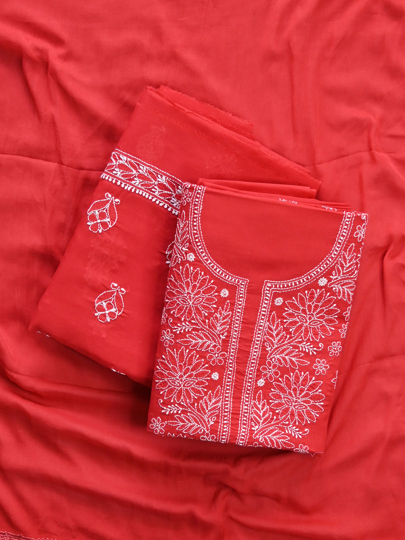 Seva Chikan Hand Embroidered Red Cotton Lucknowi Chikankari Unstitched Seva Chikan Hand Embroidered Red Cotton Lucknowi Chikankari Unstitched