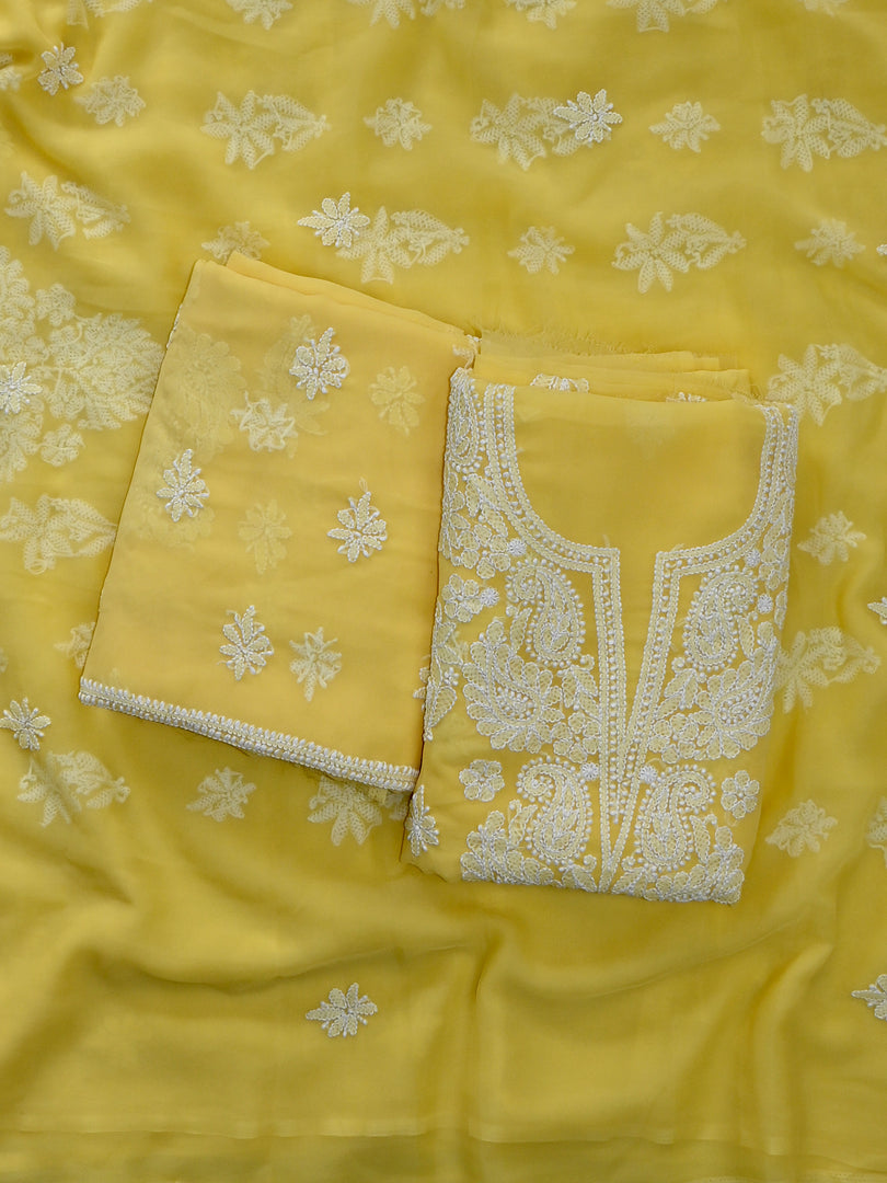 Seva Chikan Hand Embroidered Yellow Georgette Lucknowi Chikankari Unstitched Suit Piece-SCL13126