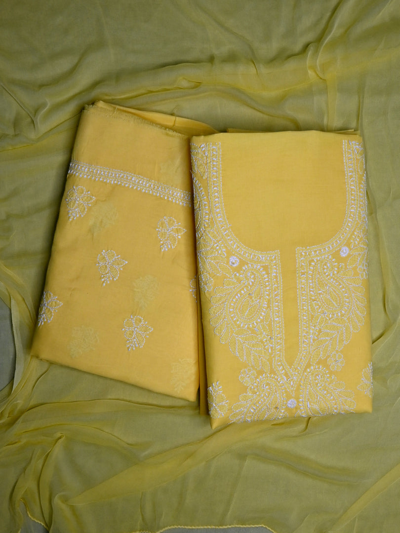 Seva Chikan Hand Embroidered Yellow Terivoil Cotton Lucknowi Chikankari Unstitched Suit Piece-SCL13026