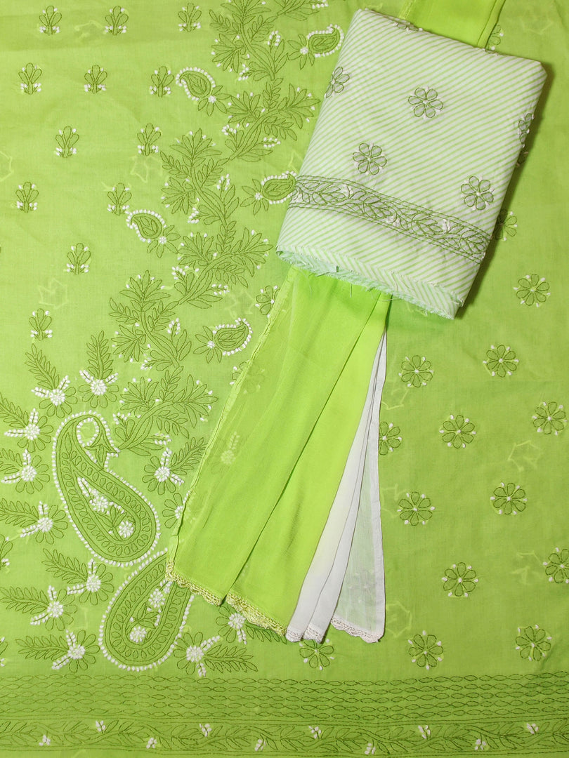 Seva Chikan Hand Embroidered Green Terivoil Cotton Lucknowi Chikankari Unstitched Suit Piece-SCL13001