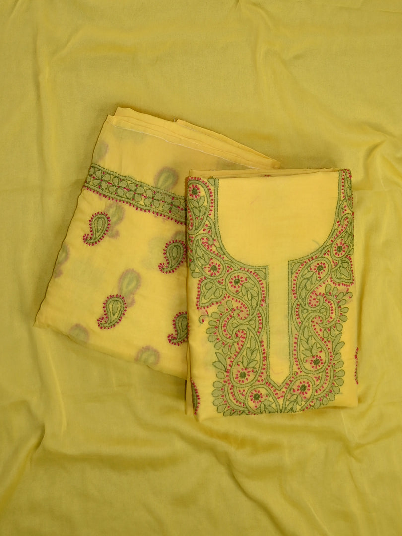 Seva Chikan Hand Embroidered Yellow Cotton Lucknowi Chikankari Unstitched Suit Piece-SCL13109