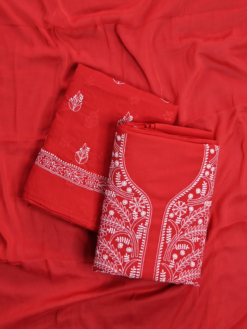 Seva Chikan Hand Embroidered Red Cotton Lucknowi Chikankari Unstitched Suit Piece-SCL13052