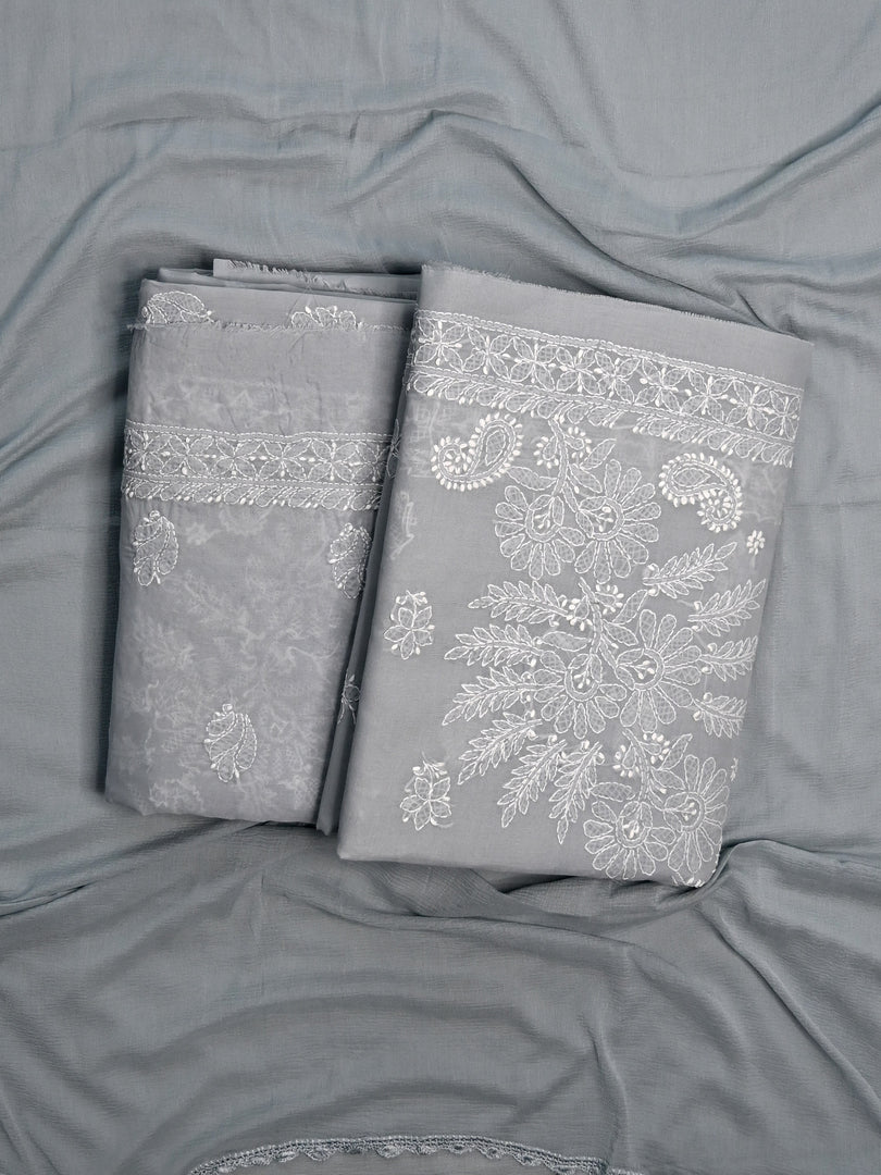 Seva Chikan Hand Embroidered Grey Terivoil Cotton Lucknowi Chikankari Unstitched Suit Piece-SCL13007