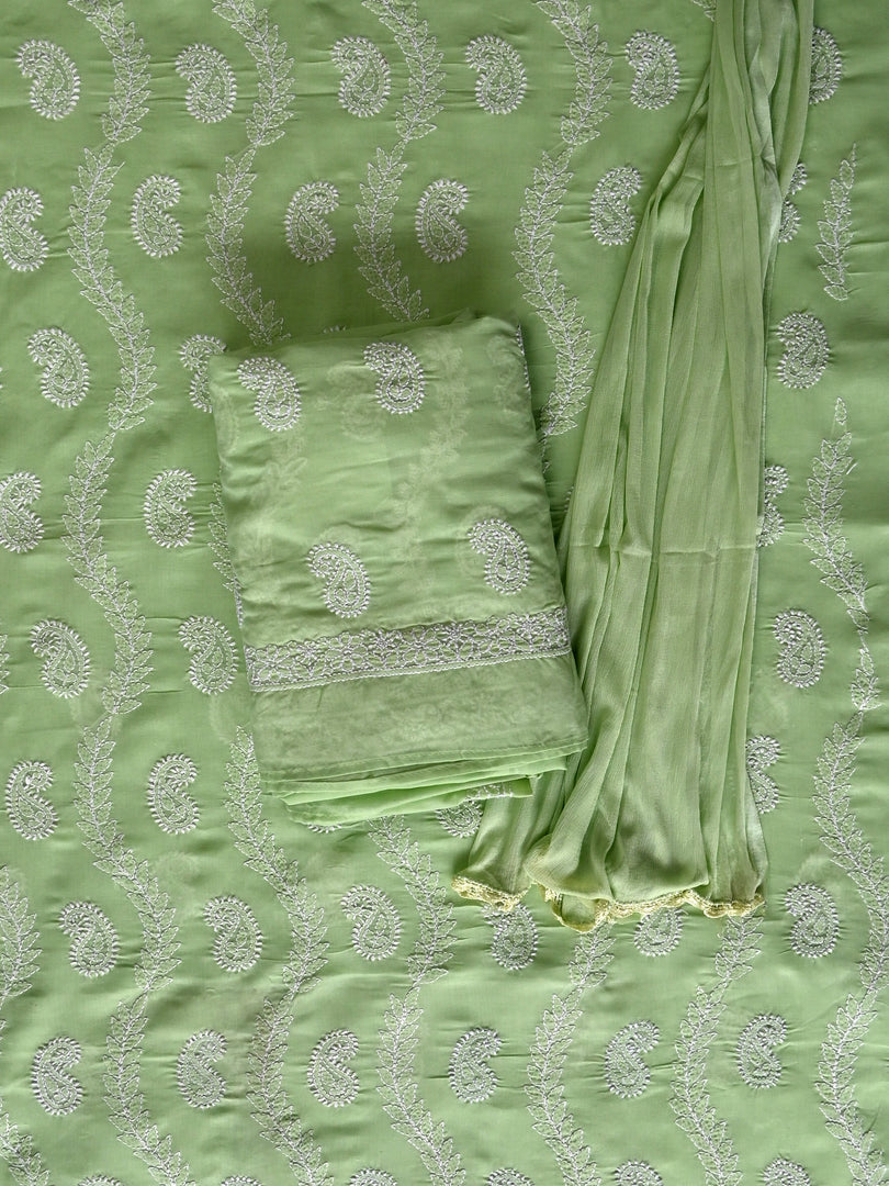 Seva Chikan Hand Embroidered Light Green Cotton Lucknowi Chikankari Unstitched Suit Piece-SCL13090