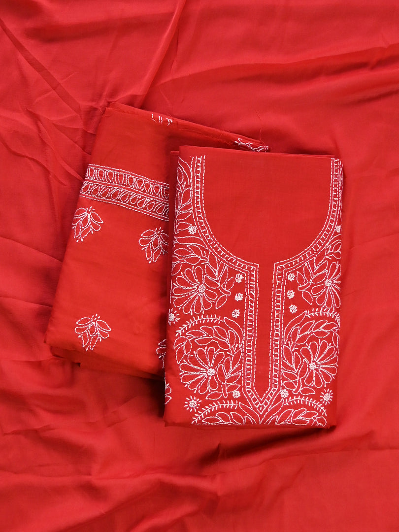 Seva Chikan Hand Embroidered Red Cotton Lucknowi Chikankari Unstitched Suit Piece-SCL13079