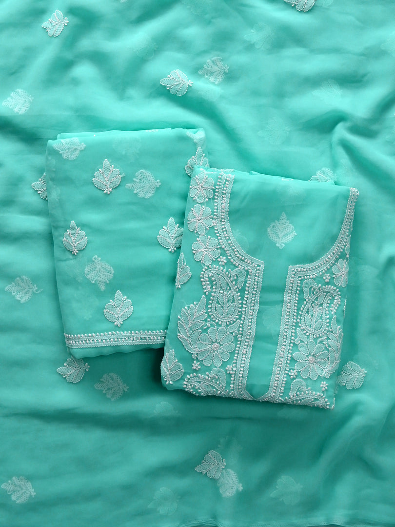 Seva Chikan Hand Embroidered Sea Green Georgette Lucknowi Chikankari Unstitched Suit Piece-SCL13122