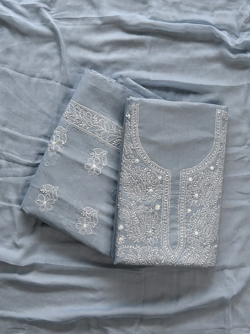 Seva Chikan Hand Embroidered Grey Cotton Lucknowi Chikankari Unstitched Suit Piece-SCL13056