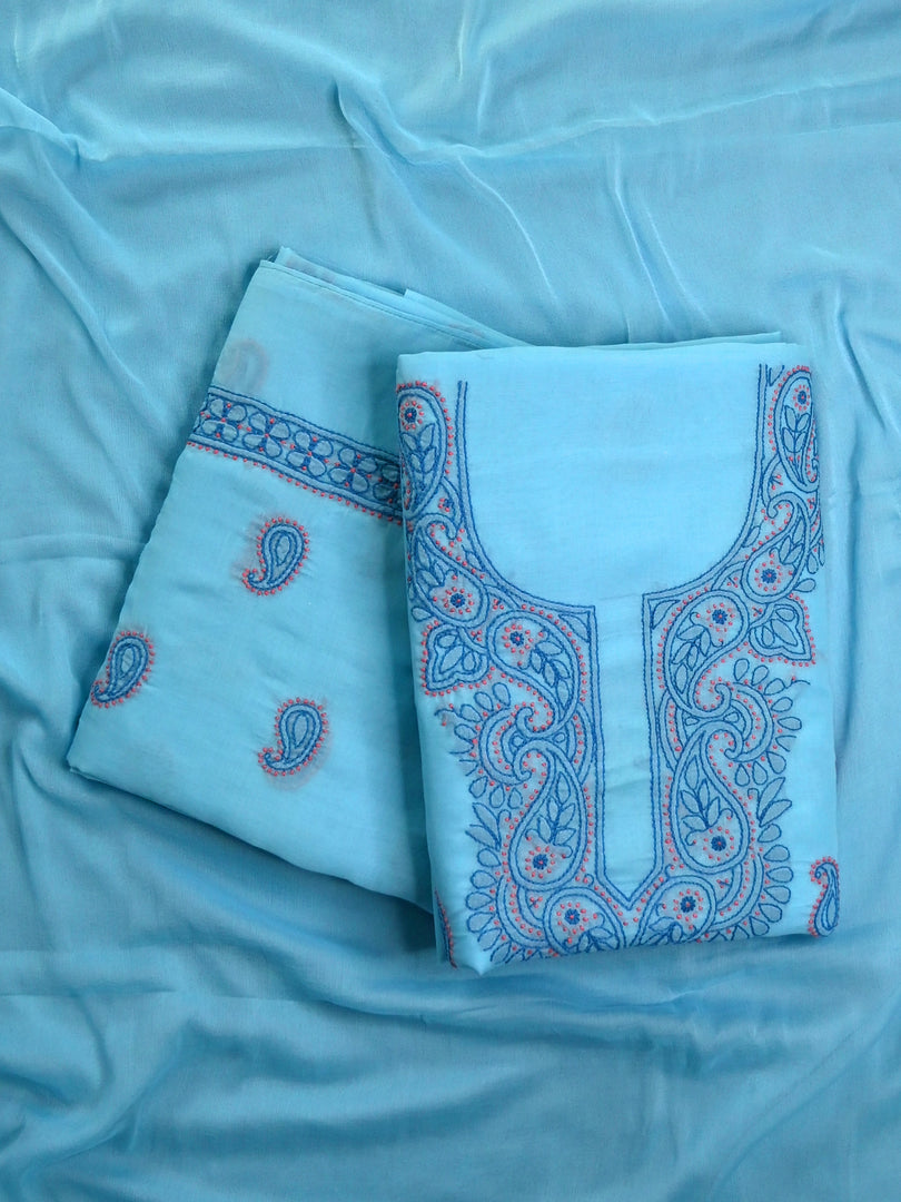 Seva Chikan Hand Embroidered Blue Cotton Lucknowi Chikankari Unstitched Suit Piece-SCL13104