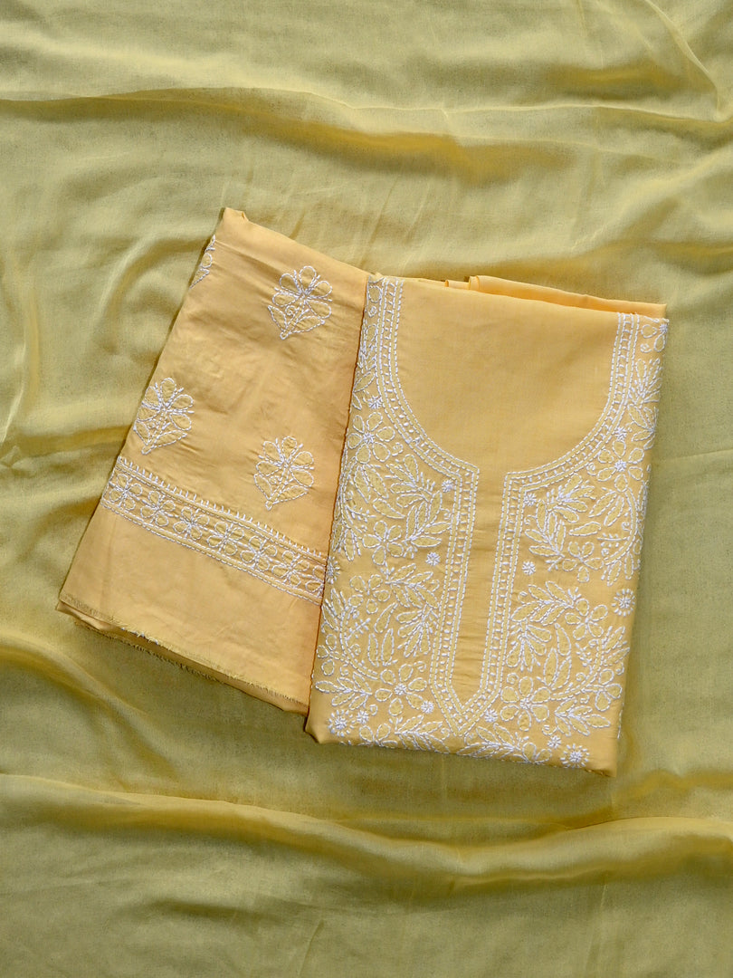 Seva Chikan Hand Embroidered Yellow Cotton Lucknowi Chikankari Unstitched Suit Piece-SCL13083