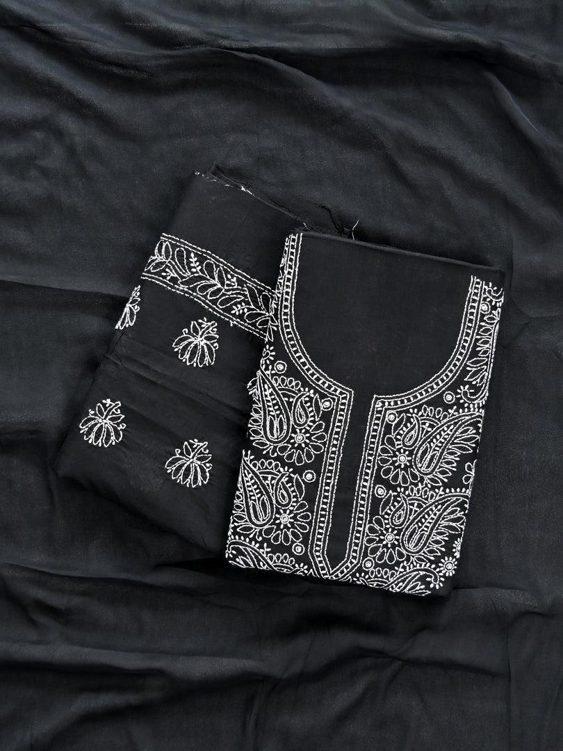 Seva Chikan Hand Embroidered Black Cotton Lucknowi Chikankari Unstitched Suit Piece-SCL13061