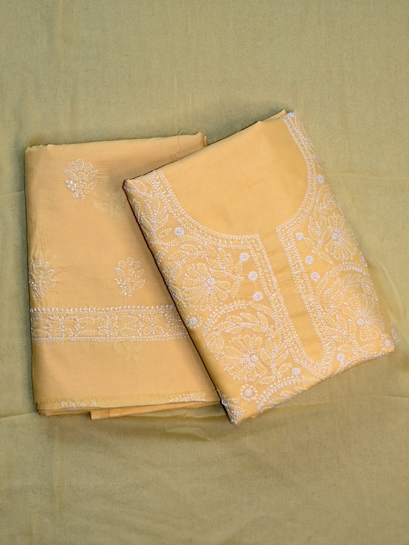 Seva Chikan Hand Embroidered Yellow Cotton Lucknowi Chikankari Unstitched Suit Piece-SCL13076