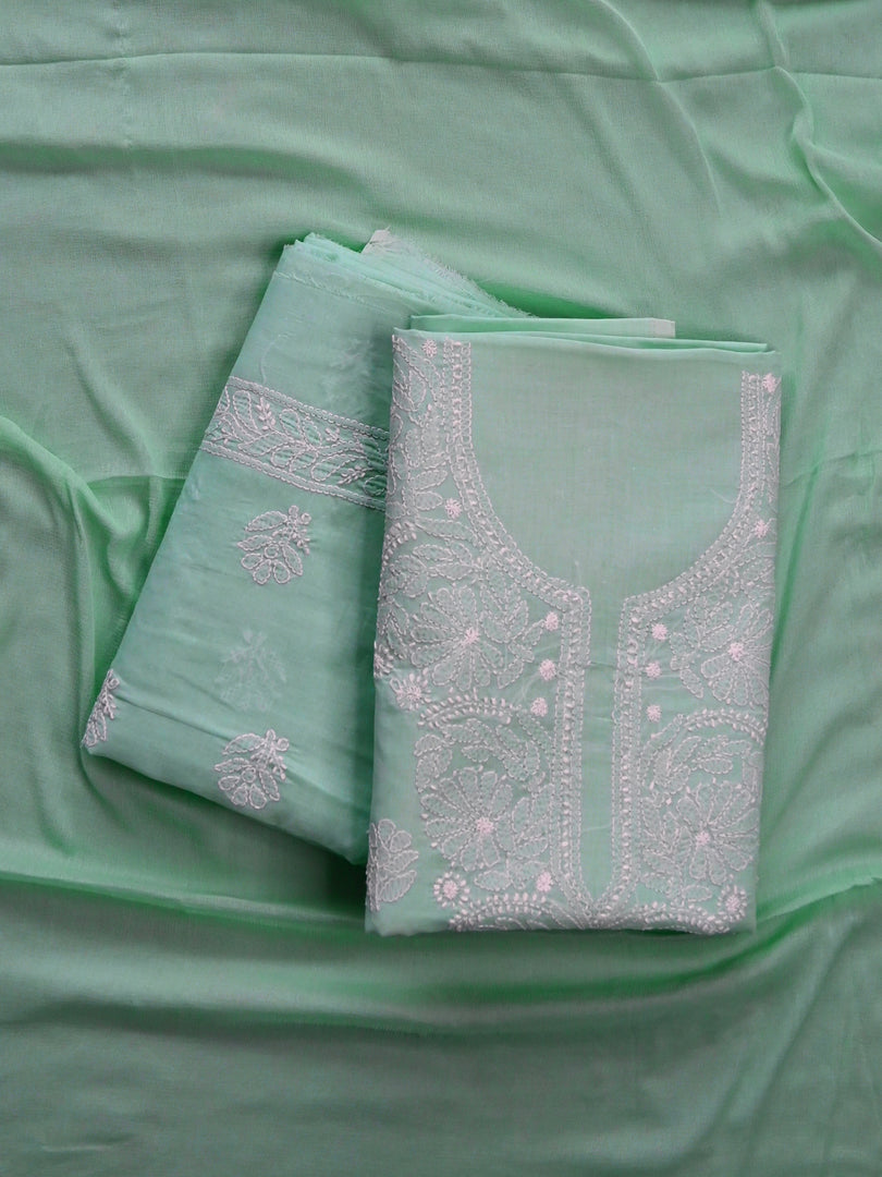 Seva Chikan Hand Embroidered Sage Green Cotton Lucknowi Chikankari Unstitched Suit Piece-SCL13080