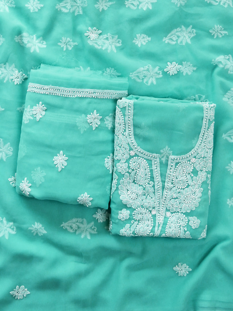 Seva Chikan Hand Embroidered Sea Green Georgette Lucknowi Chikankari Unstitched Suit Piece-SCL13128